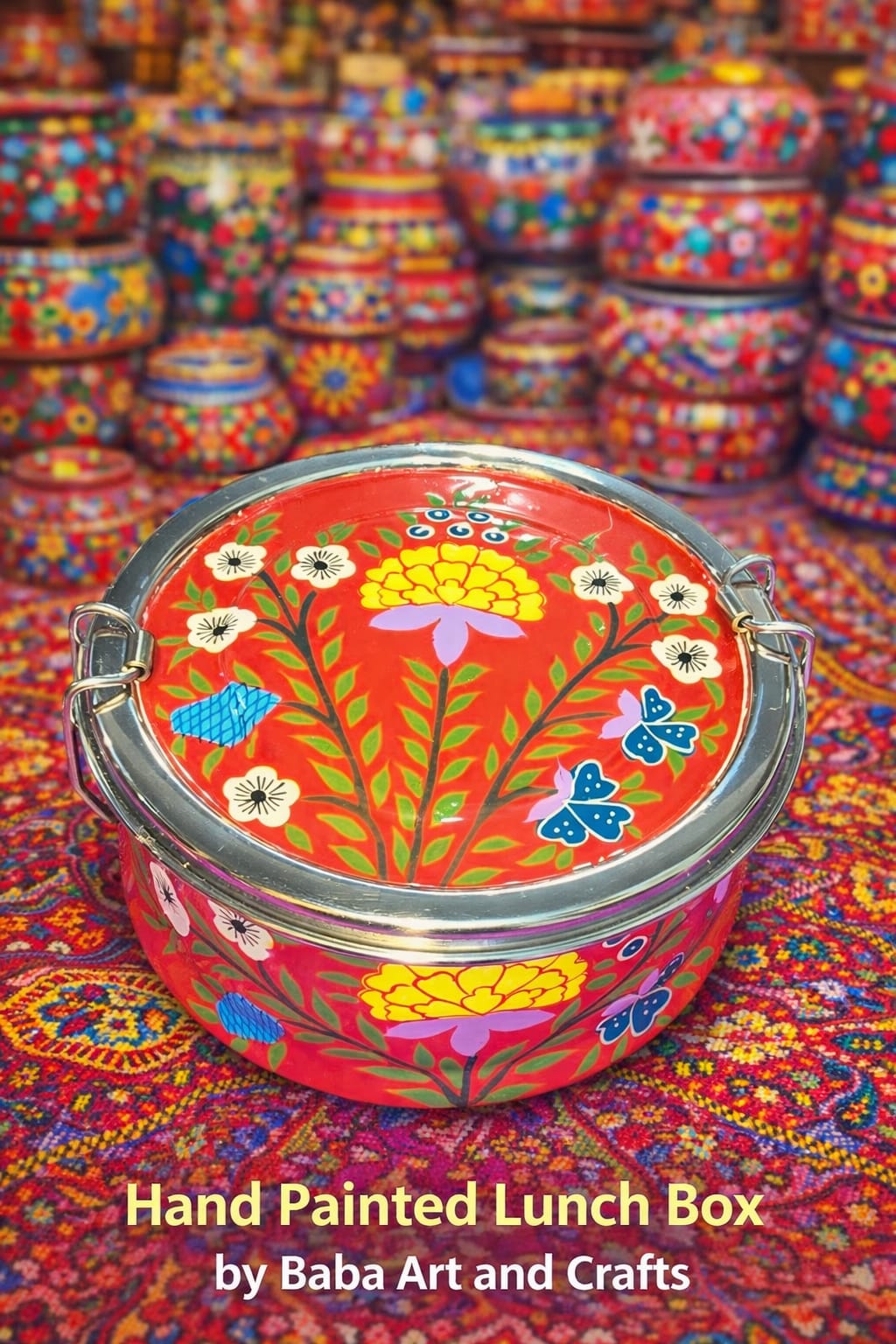 Steel Bento Box , Hand painted bento box , Enamel Lunch box, Hand painted single tier round lunch box 